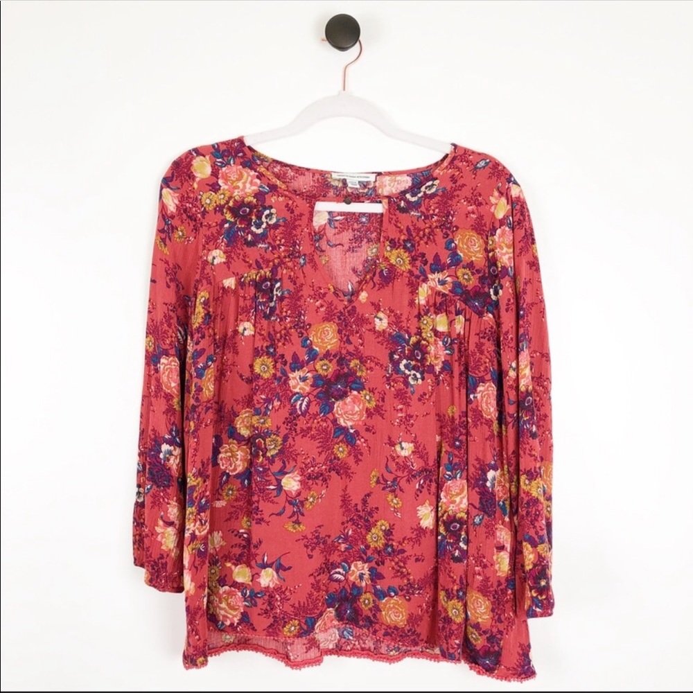 American Eagle Keyhole Peplum Floral Blouse Red M - Picture 1 of 6